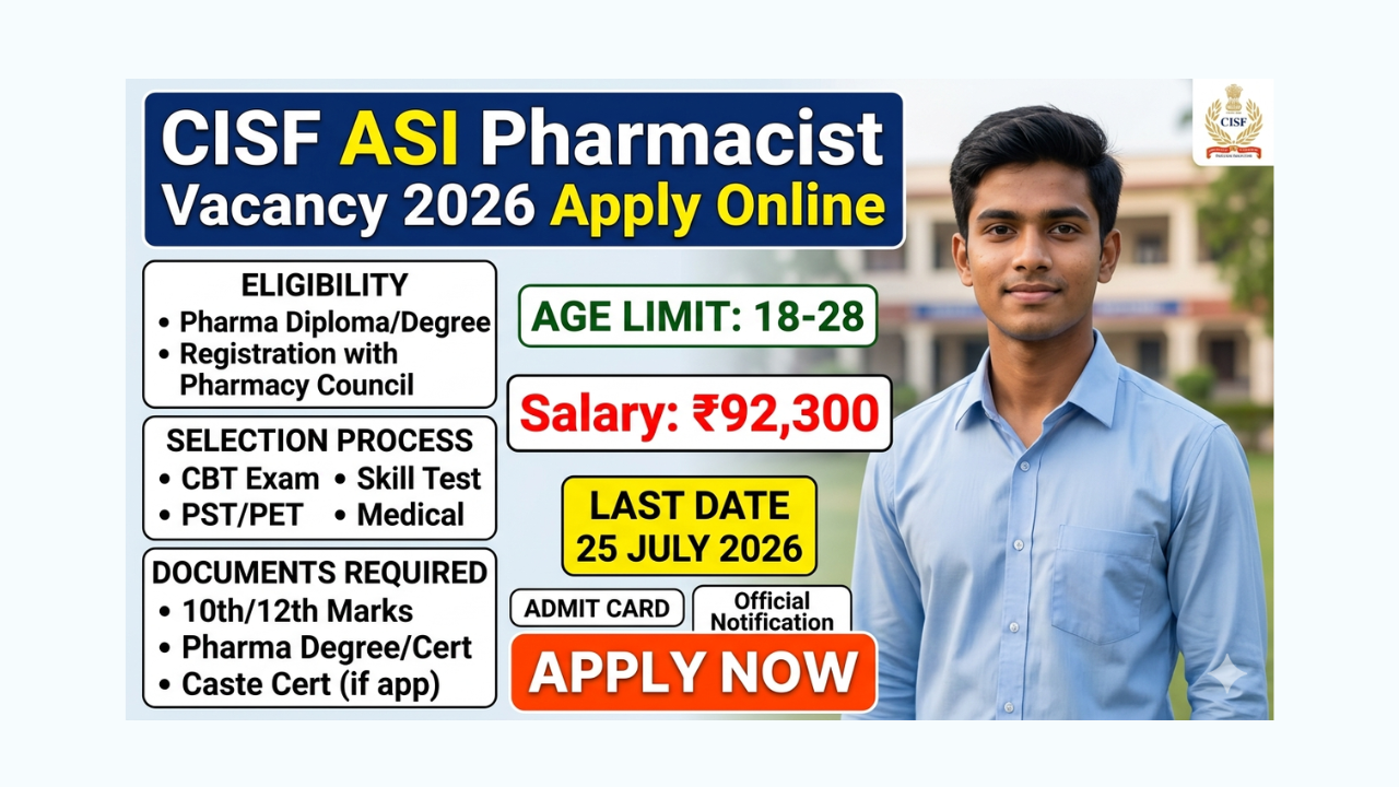 CISF ASI Pharmacist Vacancy 2026 Apply Online, Salary, Last Date, Eligibility, Selection Process