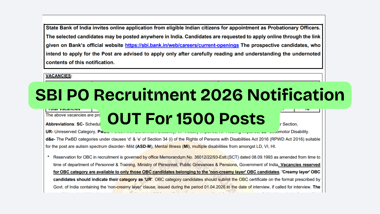 SBI PO Recruitment 2026 Notification OUT For 1500 Posts
